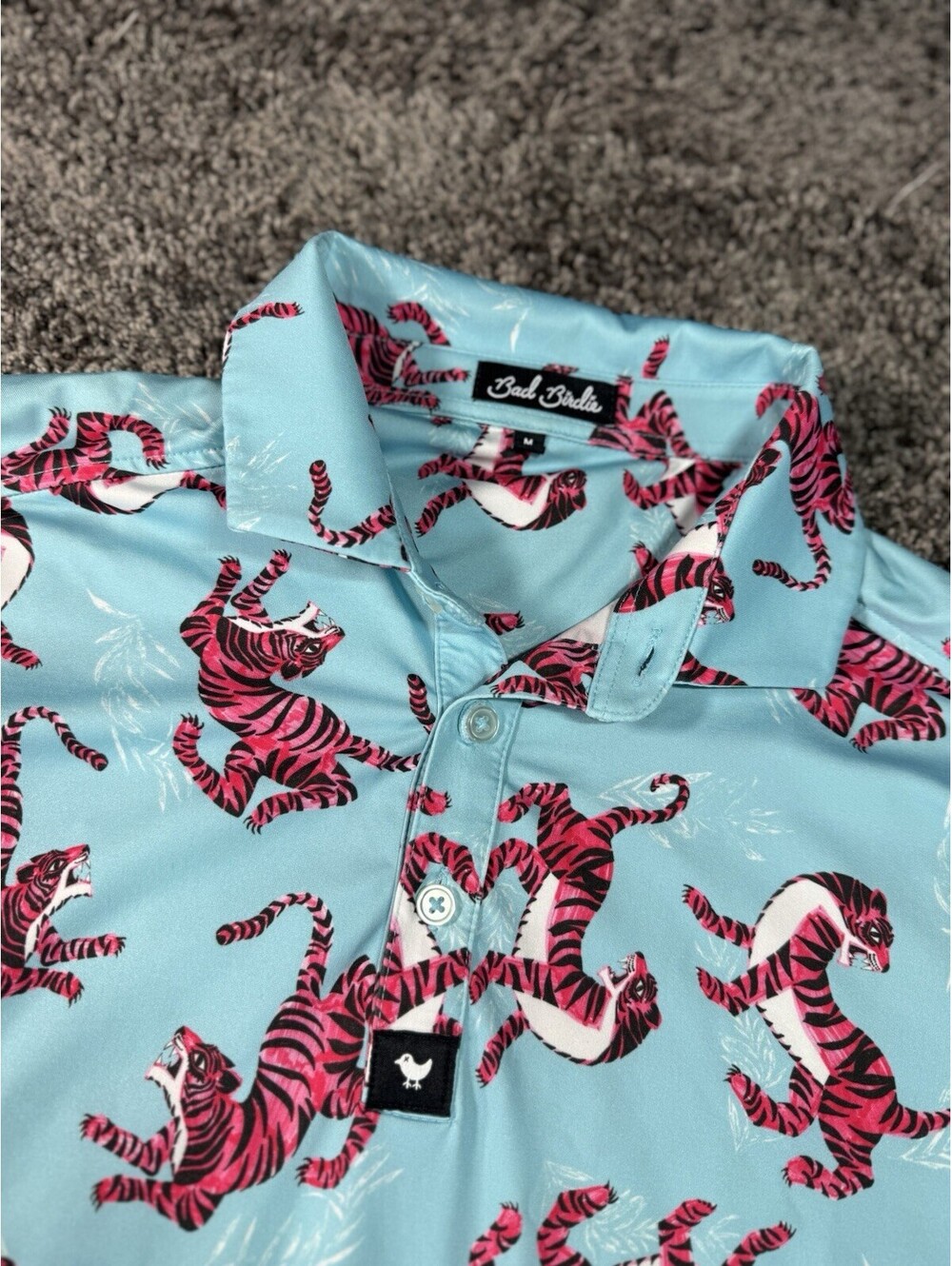 Bad Birdie Polo Shirt Mens Red Tiger Jungle Size Medium AOP Performance Golf
